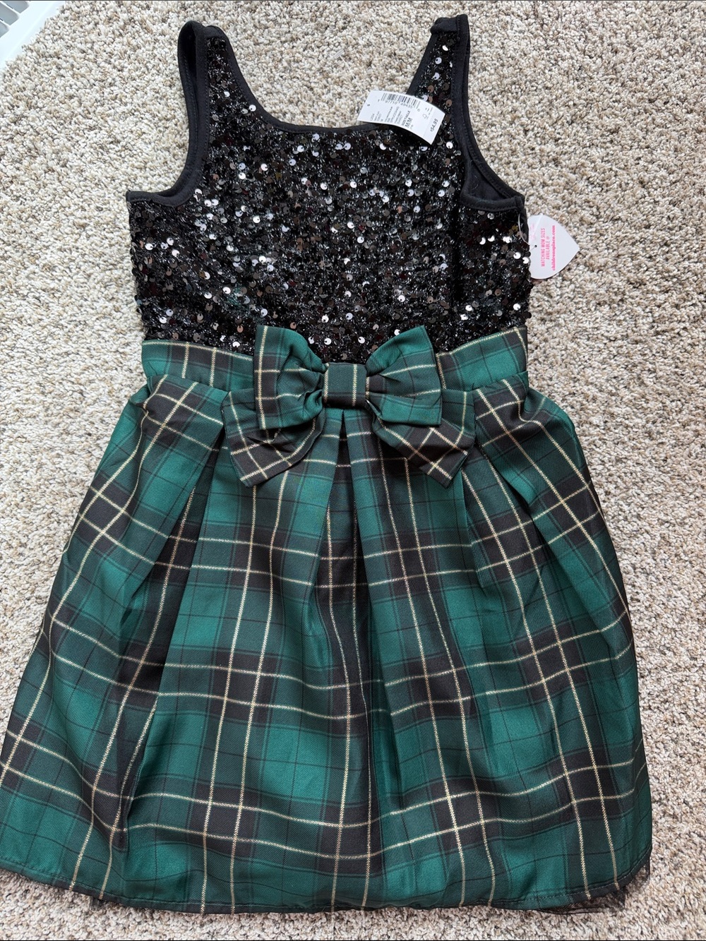 NWT Children's Place Sequined Black & Green Plaid Holiday Bow Dress size medium